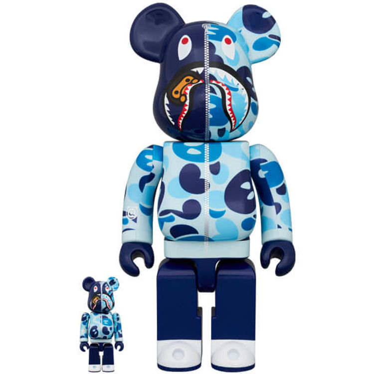 100% + 400% Blue Baby Milo Camo Shark BAPE Be@rbrick (Set) by BAPE (A Bathing Ape)