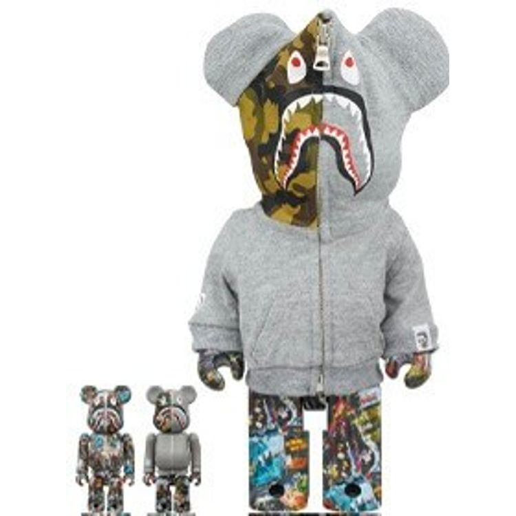 100% + 400% Gray Legacy Camo BAPE Shark Be@rbrick (Set) by BAPE (A Bathing Ape)