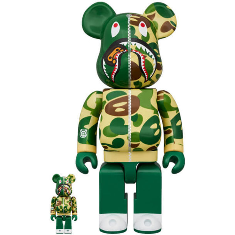 100% + 400% Green Baby Milo Camo Shark BAPE Be@rbrick (Set) by BAPE (A Bathing Ape)