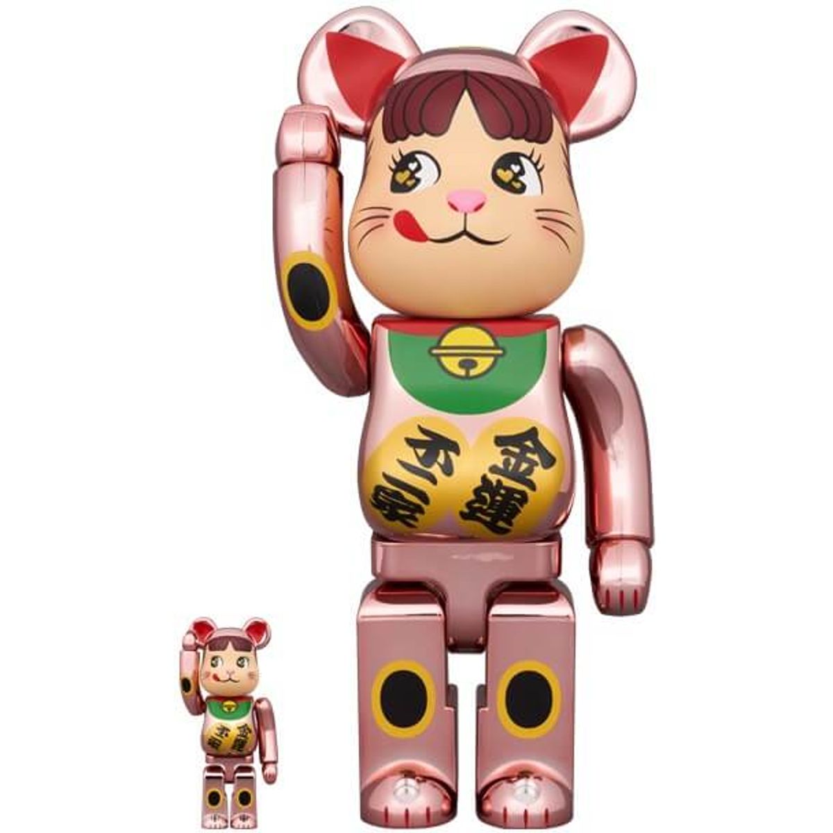 100% + 400% Lucky Cat Peko-chan Money Luck Double Oval Peach Gold Plated (Set)