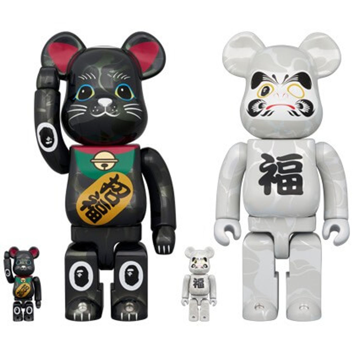 100% + 400% Maneki Neko Black & White Plated Daruma Bearbrick (Set)