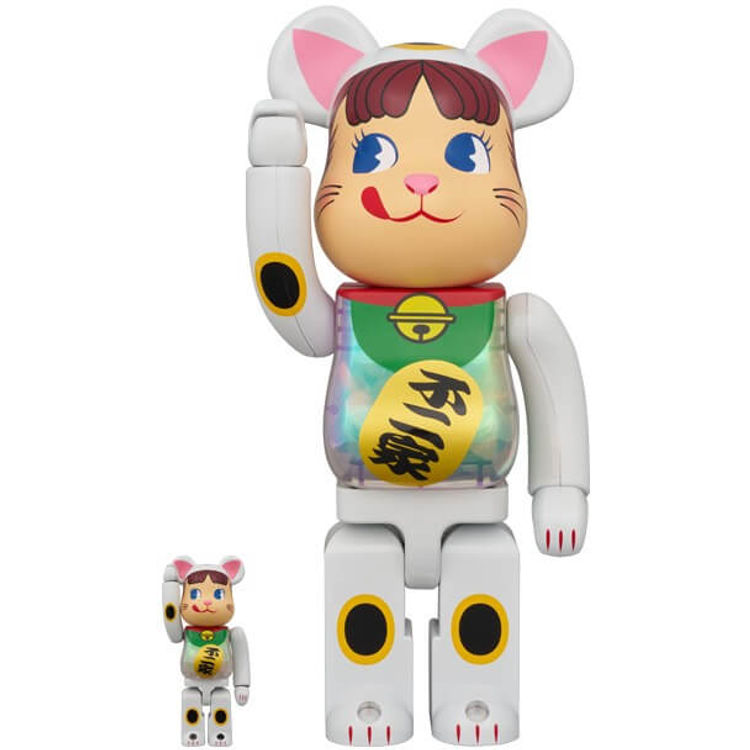 100% + 400% Maneki Neko Peko-chan White Plated Glow-in-the-dark Milky Bearbri k by Fujiya