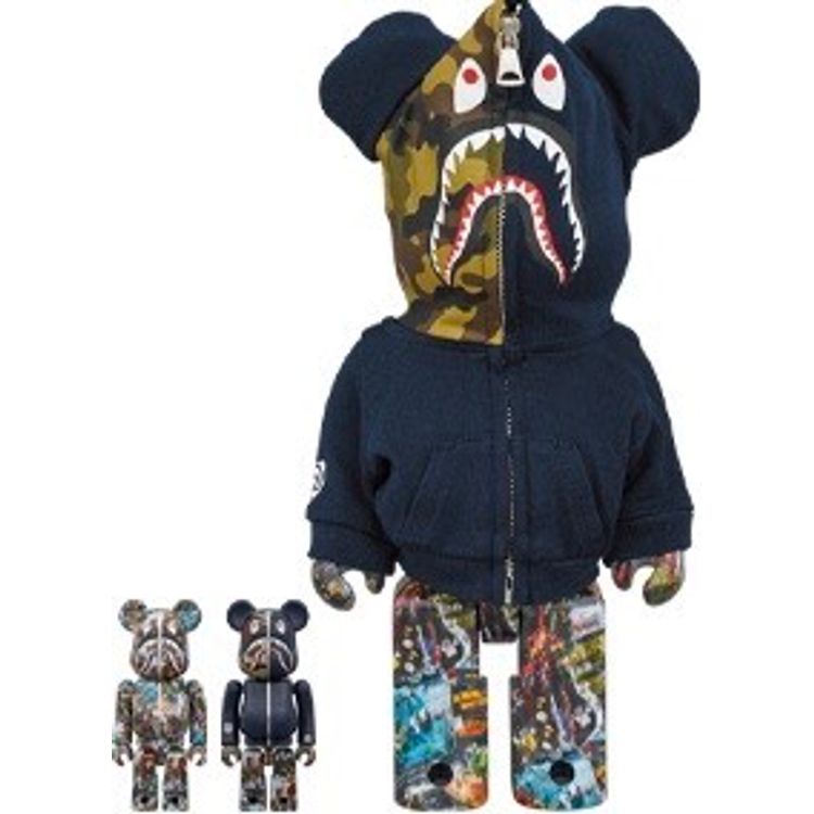 100% + 400% Navy Legacy Camo BAPE Shark Be@rbrick (Set) by BAPE (A Bathing Ape)