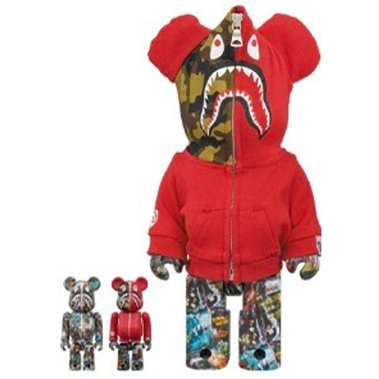 100% + 400% Red Legacy Camo BAPE Shark Be@rbrick (Set) by BAPE (A Bathing Ape)