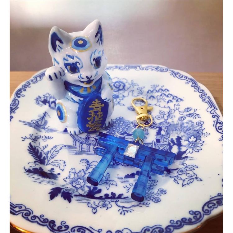 Blue & White Porcelain Bake Lucky Cat by Genkosha