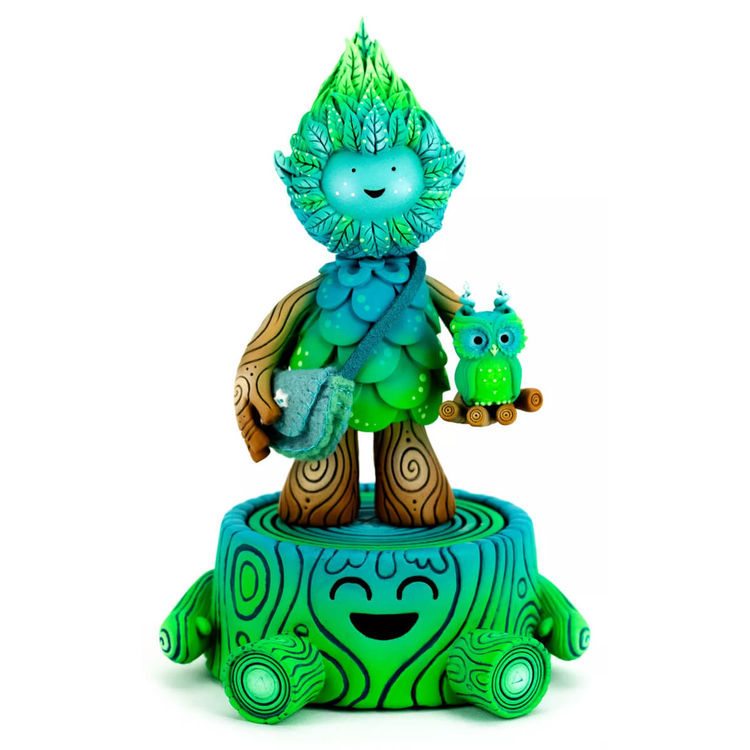Teal Tree Spirit, Cosmic Owl and Tree Stump by Miss Muju