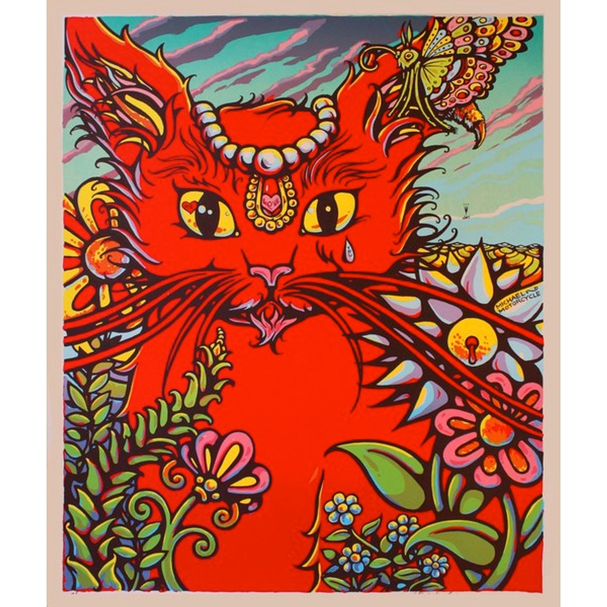 BRIGHT EYES (GREEN BACKGROUND / RED KITTY)