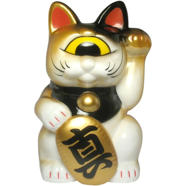 Mini Fortune Cat - White w/ Gold & Black Spray by Real X Head (Mori Katsura)