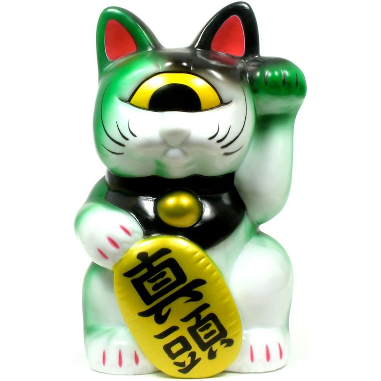 Mini Fortune Cat - White w/ Green Spray by Real X Head (Mori Katsura)