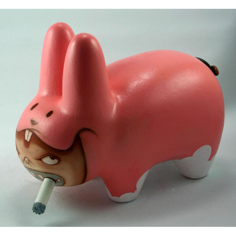 Smoking Boy in Pink Rabbit Suit, with ass beanie by Kathie Olivas
