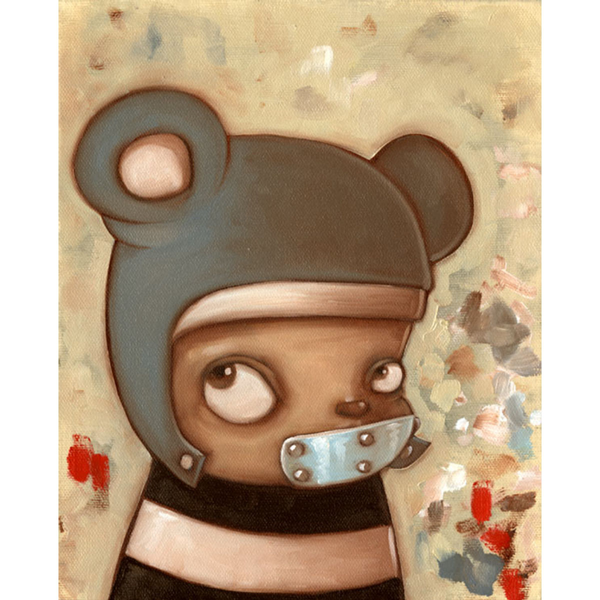 Boy with gray bear hood, bolted smile