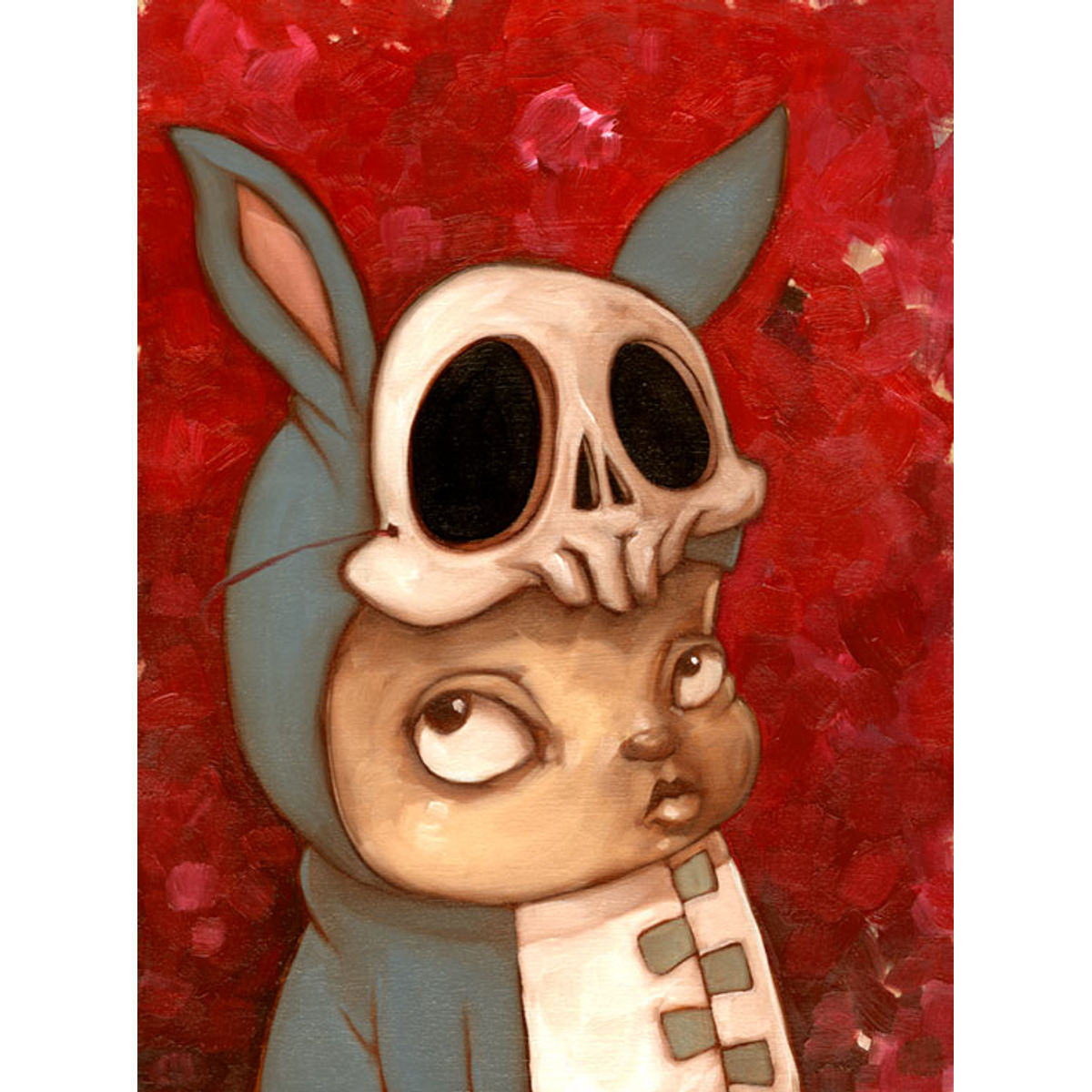 Boy in gray rabbit suit, skull mask