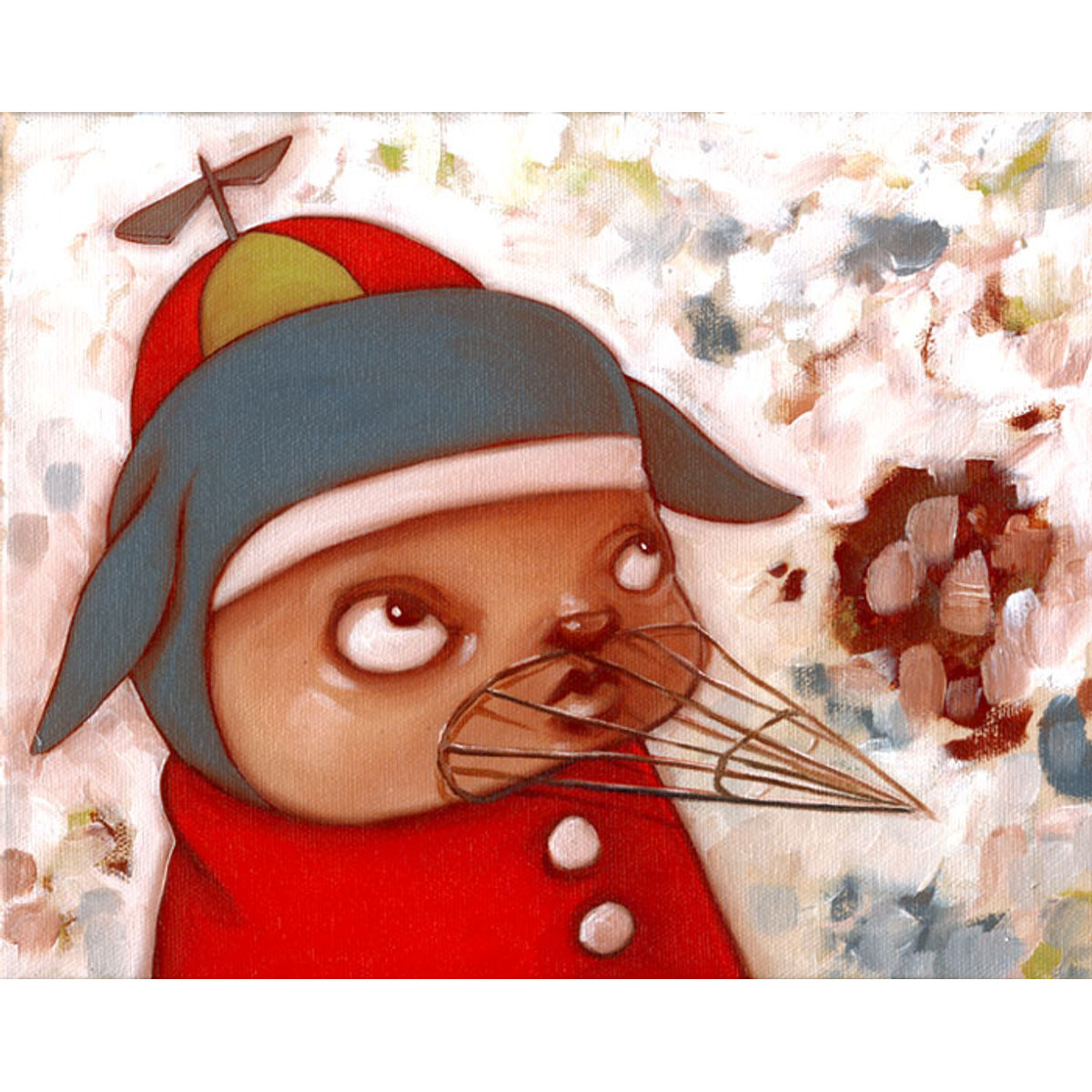 Boy with gray rabbit hood, cage muzzle