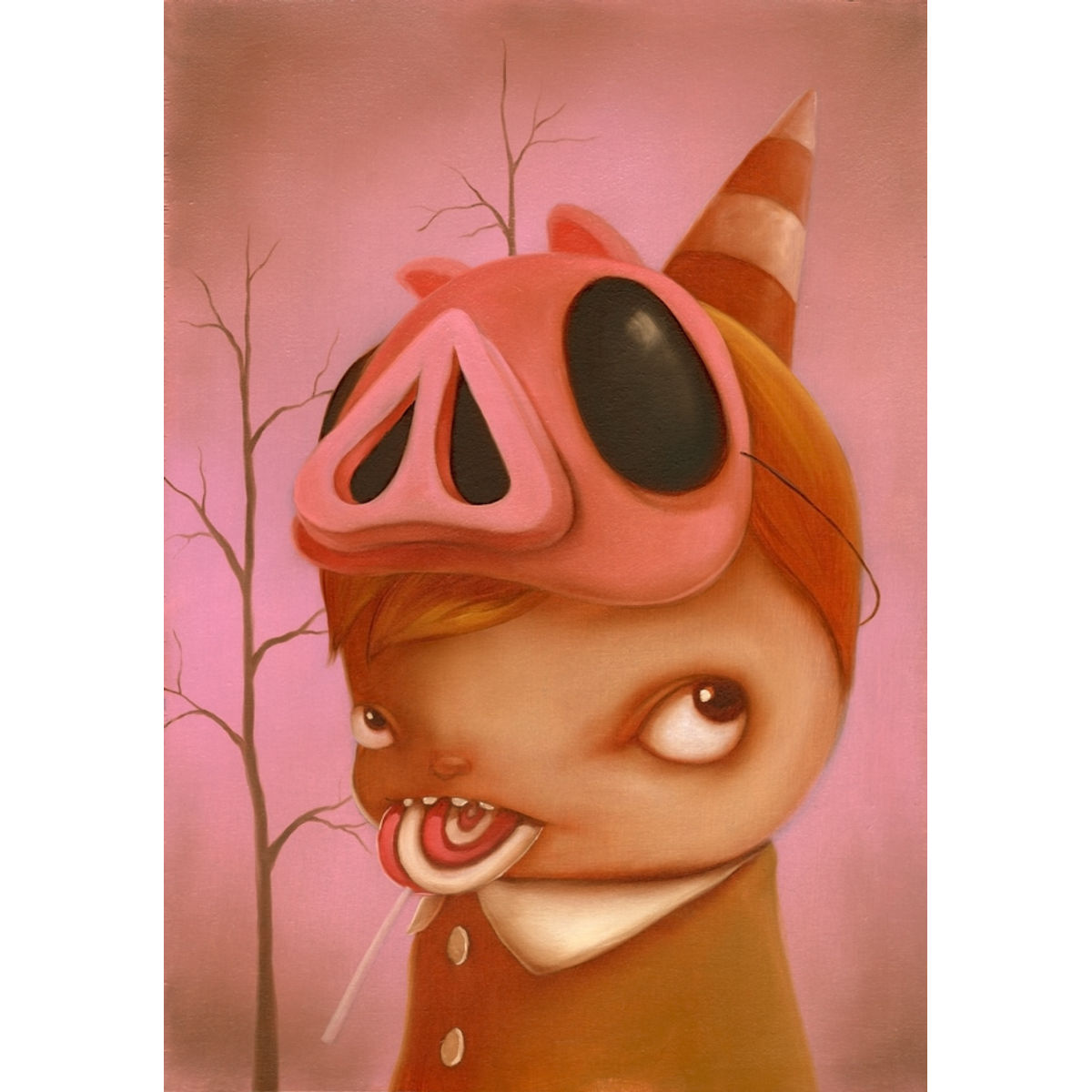 Boy with pig mask, lollipop