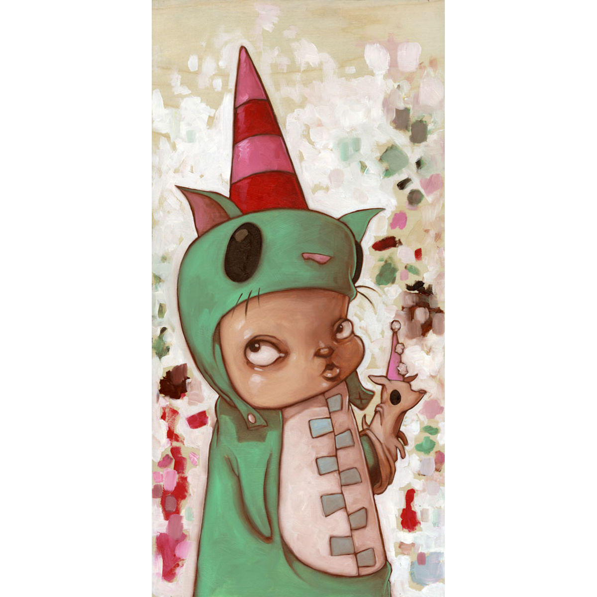 Boy in Green cat suit with dog puppet