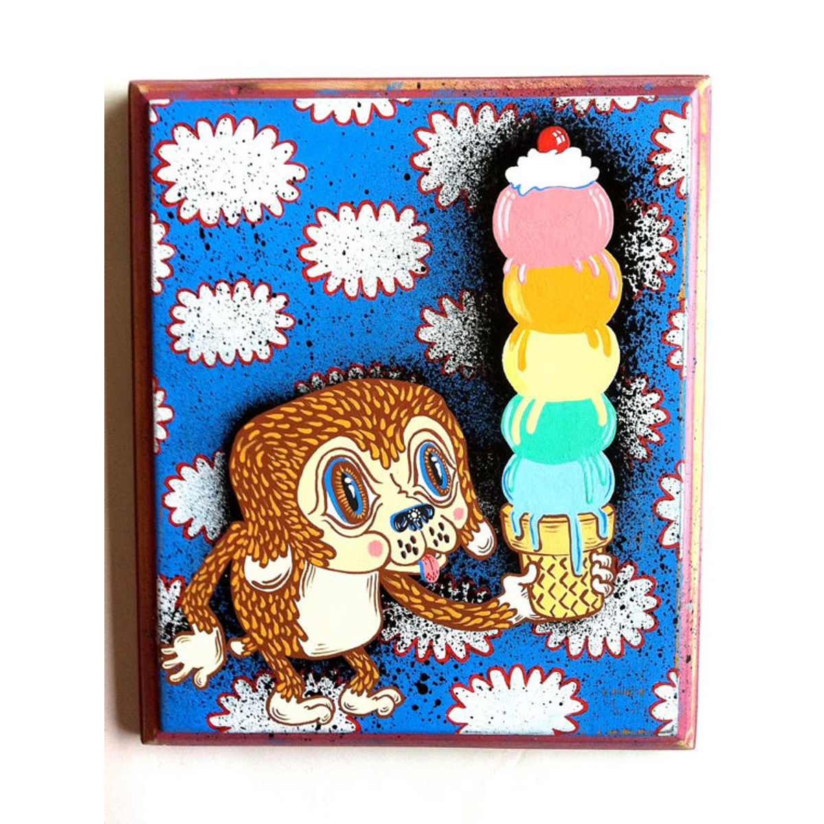 Dog Boy eating 5 scoops of rainbow ice cream in the sky