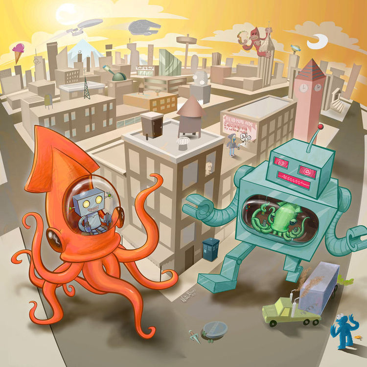 squid vs robot by Nate Bear