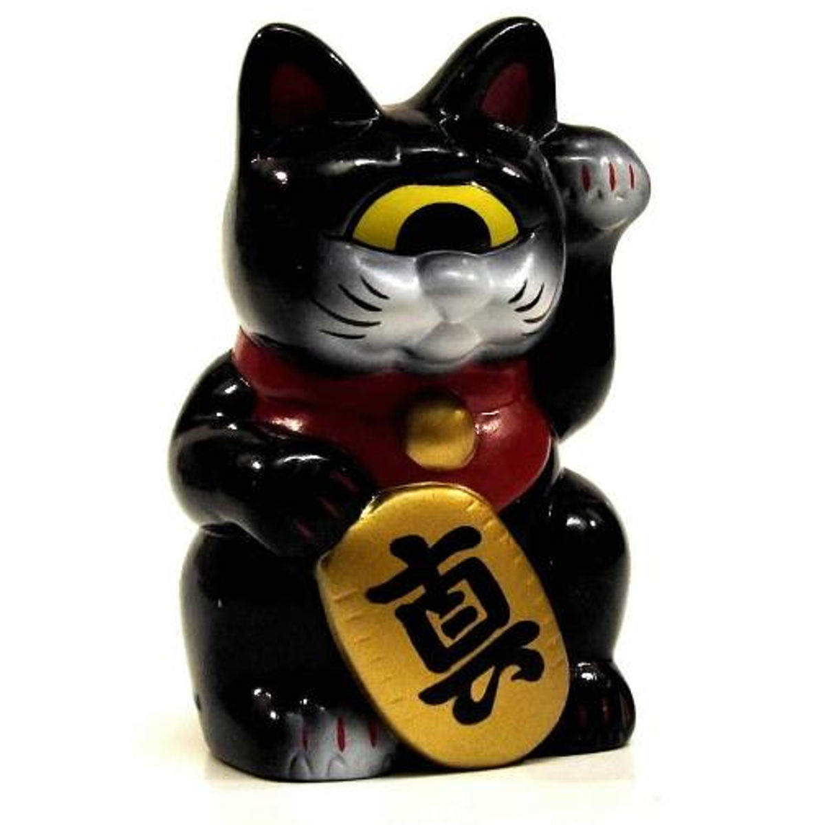 Mini Fortune Cat - Black w/Red Collar Silver Face