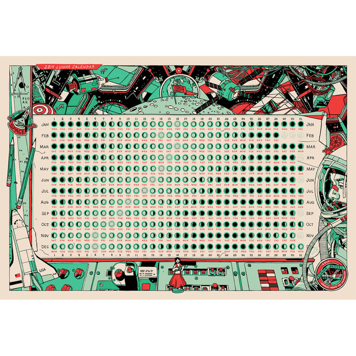 Space Aged to Infinity: A 2014 Lunar Calendar - GID Print
