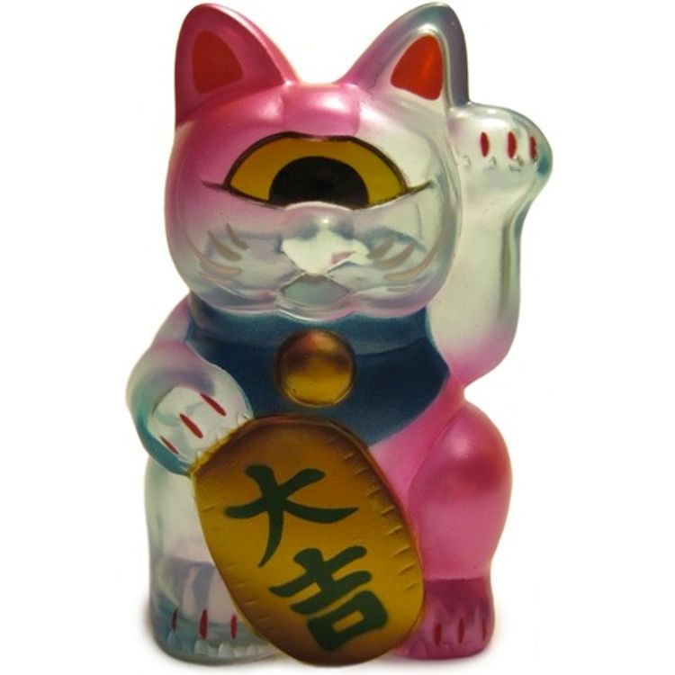 Mini Fortune Cat - Clear Baby Blue w/ Metallic Pink Sprays by Real X Head (Mori Katsura)