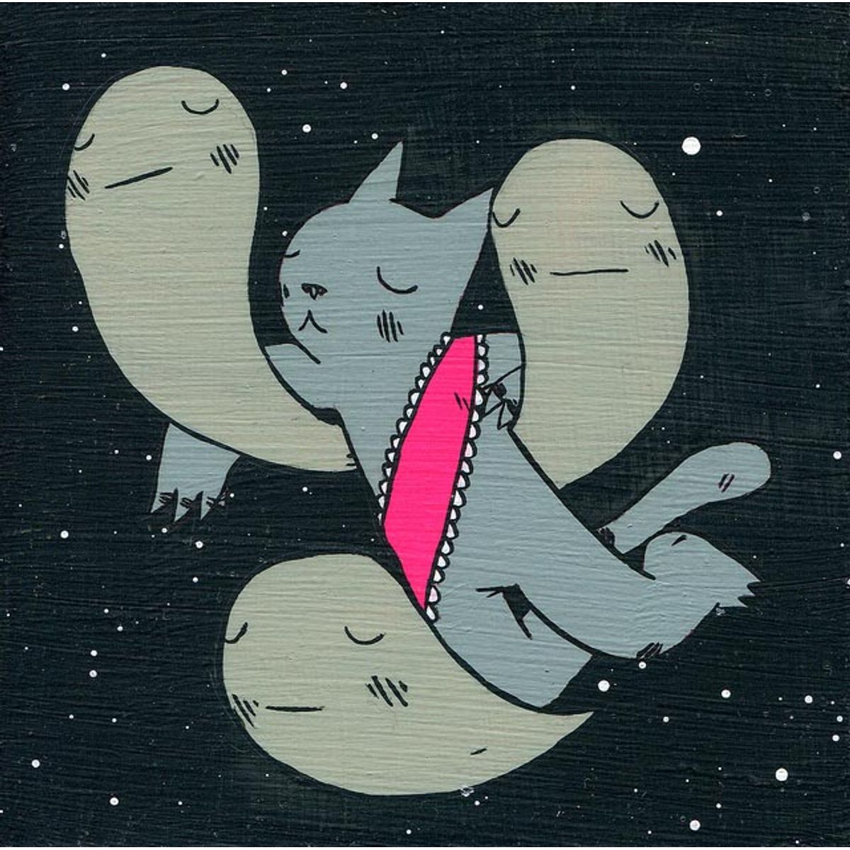 Cat Floating in Space with 3 Ghosts