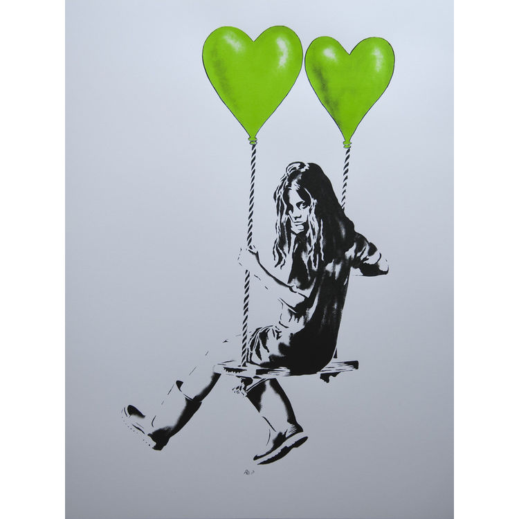 "Girl on a swing with balloons" Green by JPS