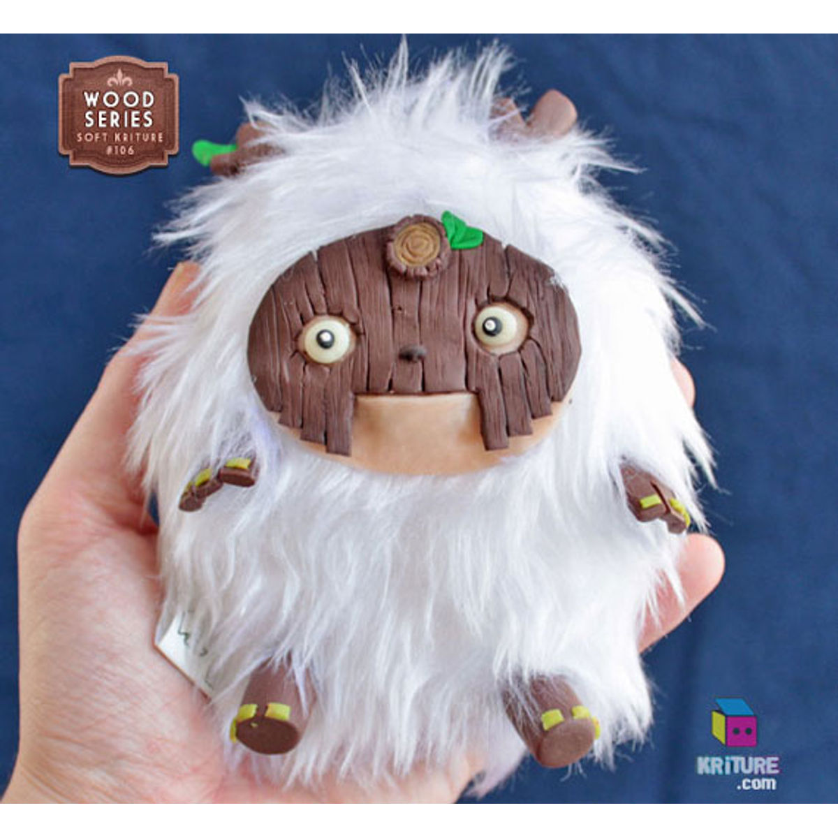 Tribal wood mask creature plush - white fur, wood skin - Kriture no.109