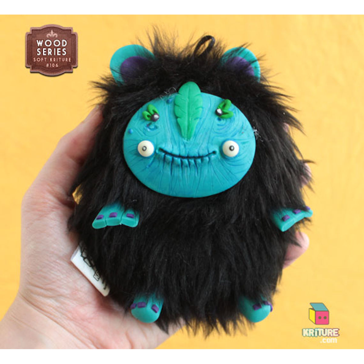 Handmade wood bear plush sculpture - black fur, blue skin - Kriture no.110