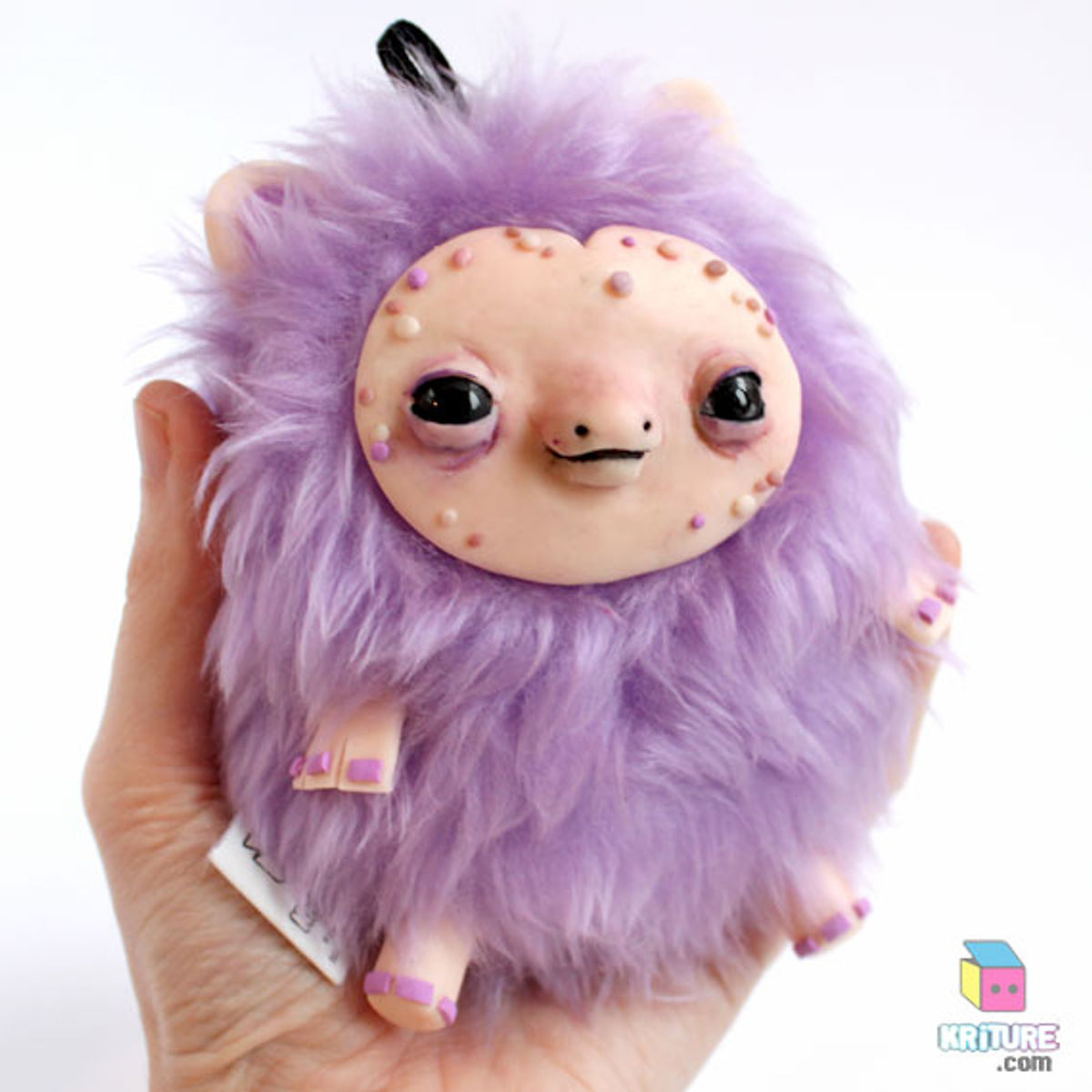 Cute plushy Kawaii yeti creature soft sculpture - furry purple fur, salmon skin - Kriture no.105