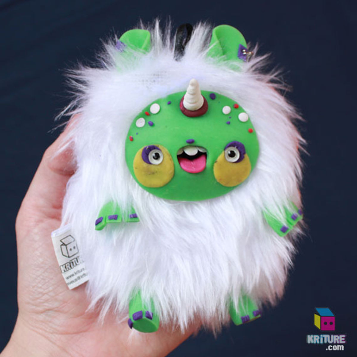 SOFT KRITURE NO. 90 - Monster Plush Squeaky Funny Toy Handmade Plushie Kawaii- Green skin, White fur