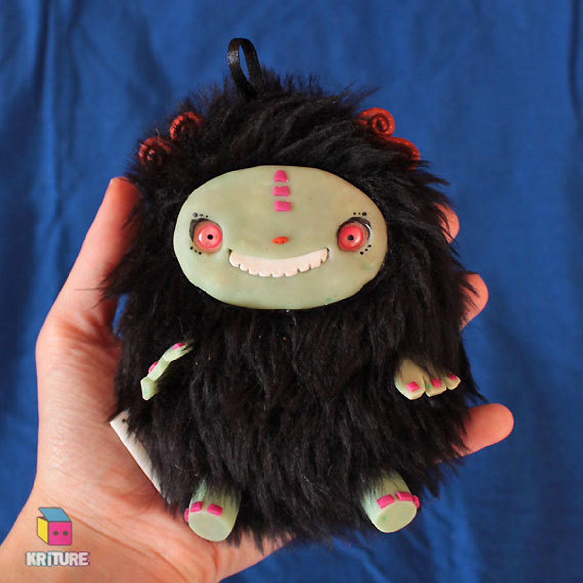 Soft Kriture n. 44 - Adorable plush designer toy and Cute monster, teal skin, black fur