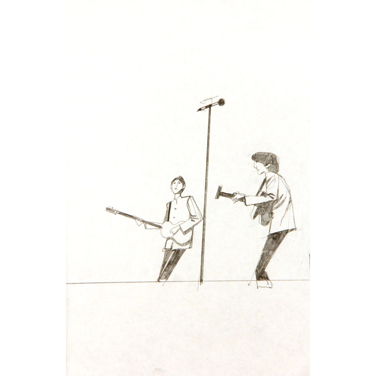 BEATLES PLAYING ON STAGE FROM KNEES UP WITH TALL MICROPHONE(BEATLES ROCK BAND PENCIL TEST DRAWING)