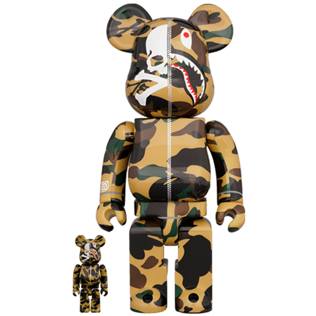 100% + 400% Yellow Camo Mastermind Japan vs BAPE Bearbrick