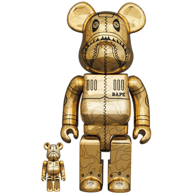 100% + 400% Gold Camo Shark x Sorayama (Set) by BAPE (A Bathing Ape)