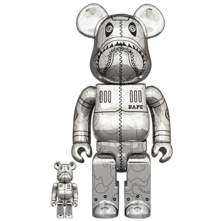 100% + 400% Silver Camo Shark x Sorayama (Set) by BAPE (A Bathing Ape)