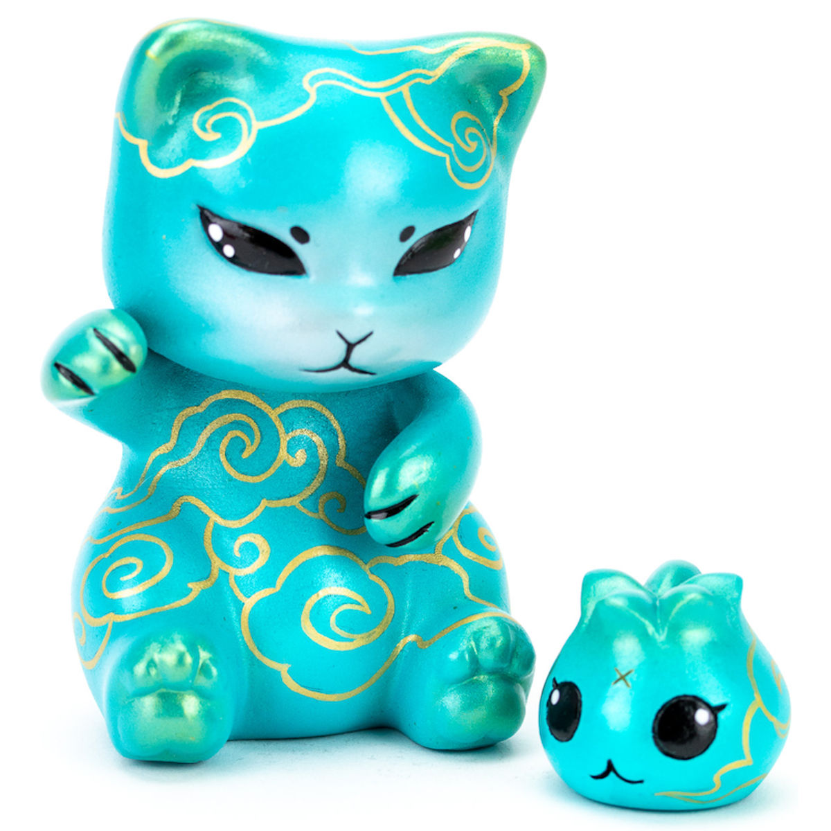 Teal & Gold Fluff Rior Maneki Neko