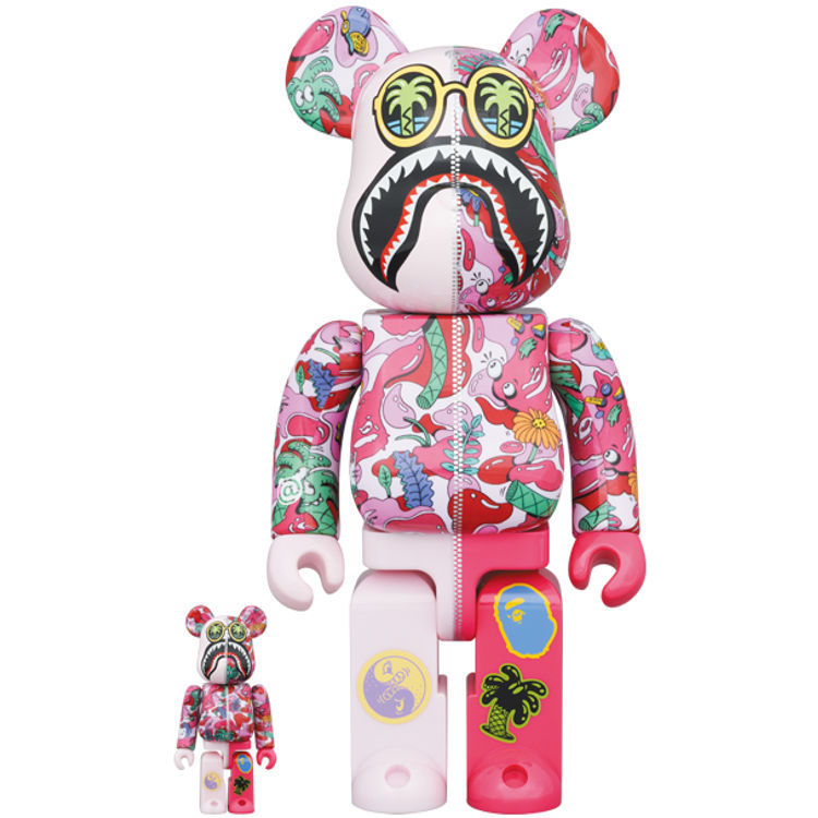 100% + 400% Pink BAPE Shark x Steven Harrington Bearbrick (Set) by BAPE (A Bathing Ape)