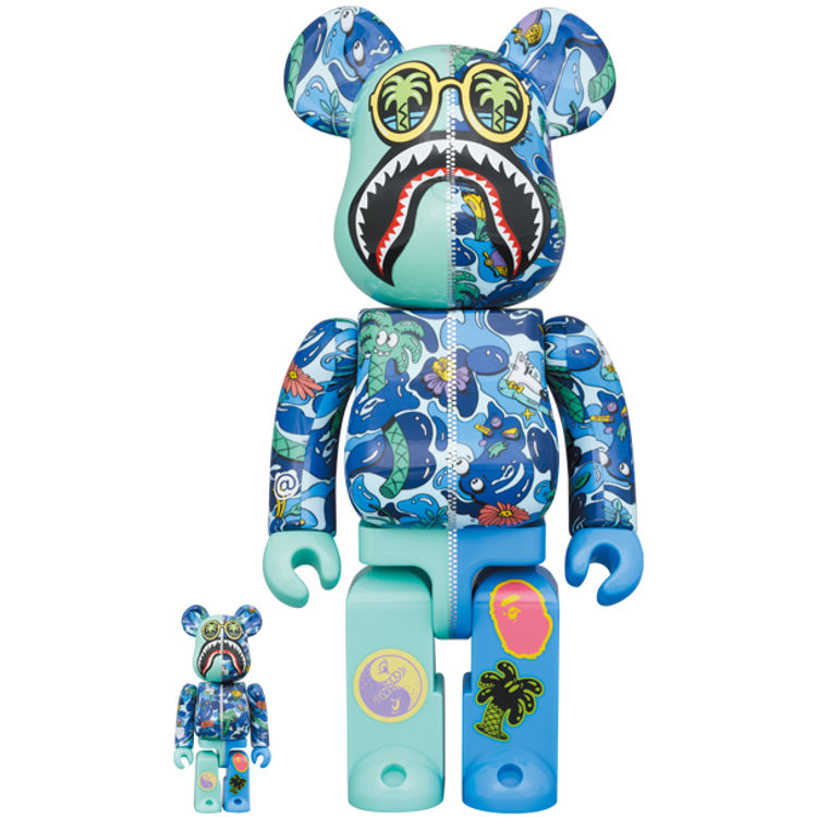 100% + 400% Blue BAPE Shark x Steven Harrington Bearbrick (Set) by BAPE (A Bathing Ape)
